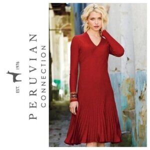 Peruvian Connection Julieta Dress Long Slv Ribbed knit Midi Stretch Valentine  M